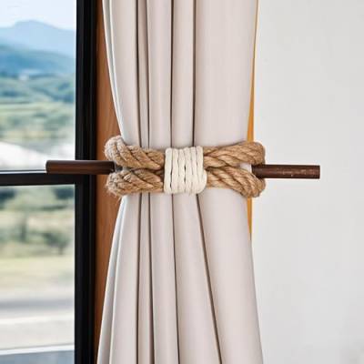 JELUTRIC Raffhalter für Vorhänge, Landhaus-Stil, rustikale Vorhanghalter, Baumwoll-Juteseil mit Holzclub, Holz, Vintage, natürlich, gewebte Vorhangbänder für Fenstervorhänge, 2 Stück von JELUTRIC